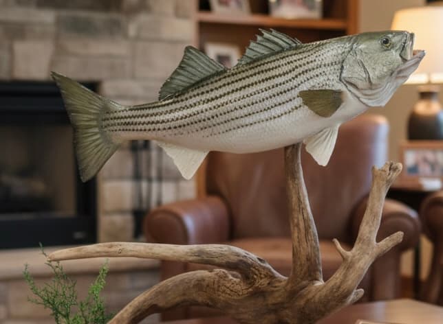 Striped bass pedestal mount on driftwood